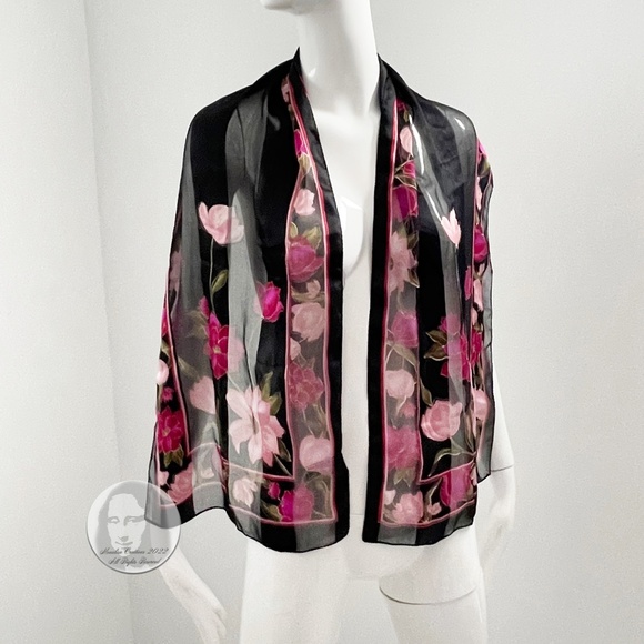 Bill Blass Silk Scarf Shawl Stole Silk Chiffon Graphic Floral Print Vintage 80s - Picture 2 of 8